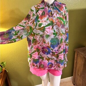 Tanya Taylor Colorful Floral Blouse with Pink Shorts